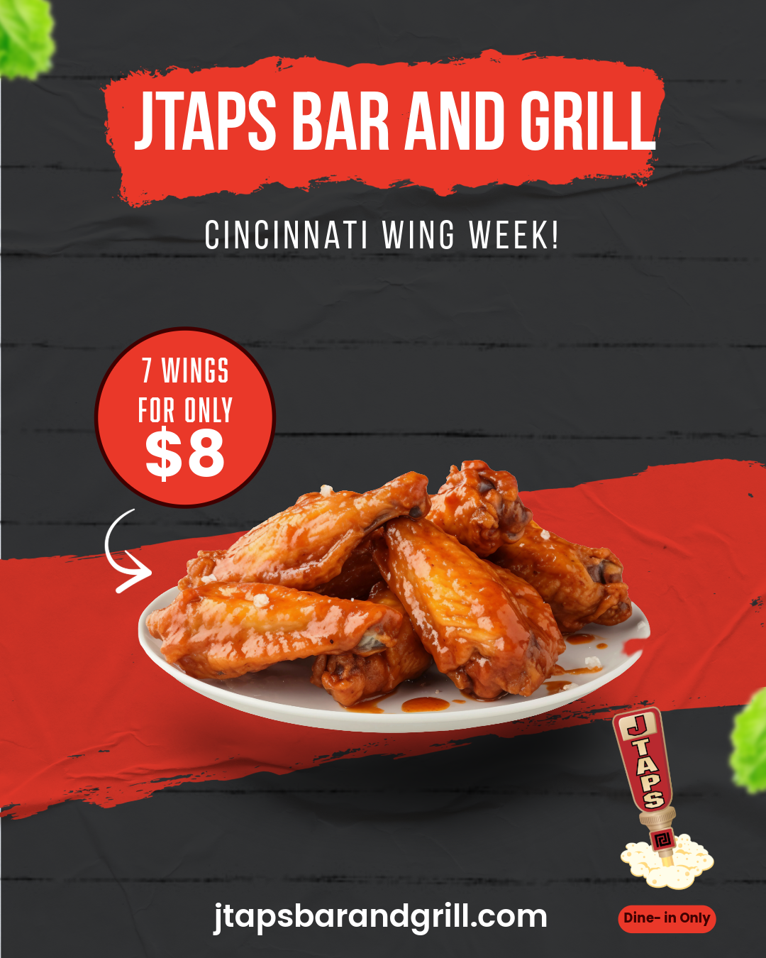 Official Cincinnati Wing Week flyer — 7 wings for $8 at JTAPS Bar and Grill